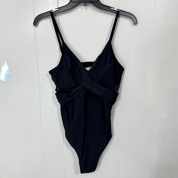 CUPSHE Black One Piece Swimsuit Crossover Mesh Panel Sexy Summer Medium M - Picture 1 of 11